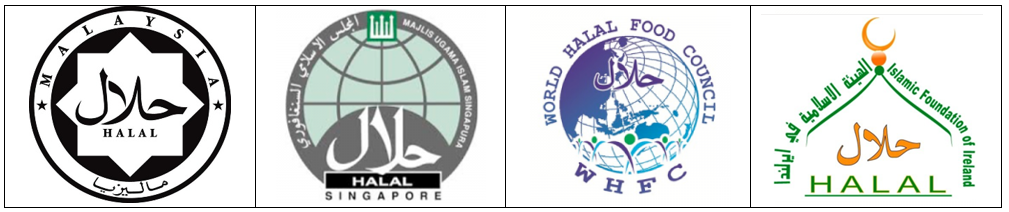 Recognized by: Department of Islamic Development JAKM Malaysia, Islamic Religious Council of Singapore MUIS, World Halal Food Council, and State of Qatar